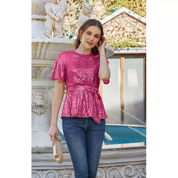 GRACE KARIN Women Sequin Party Cocktails Tops Short Sleeve Crew Neck Elastic Tie Waist Peplum BlousesHot Pink