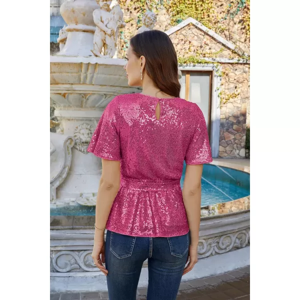 GRACE KARIN Women Sequin Party Cocktails Tops Short Sleeve Crew Neck Elastic Tie Waist Peplum BlousesHot Pink
