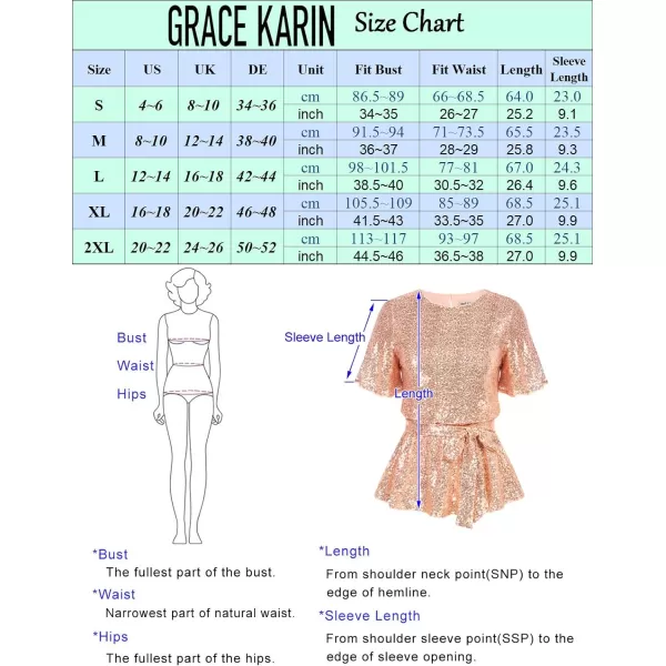 GRACE KARIN Women Sequin Party Cocktails Tops Short Sleeve Crew Neck Elastic Tie Waist Peplum BlousesRose Gold