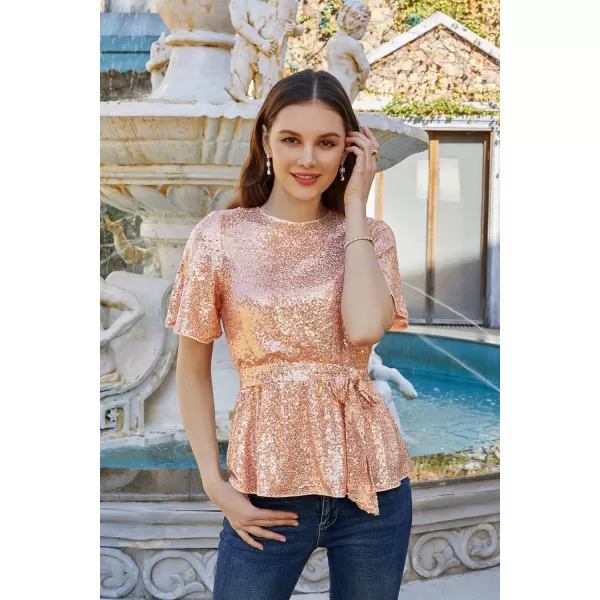 GRACE KARIN Women Sequin Party Cocktails Tops Short Sleeve Crew Neck Elastic Tie Waist Peplum BlousesRose Gold