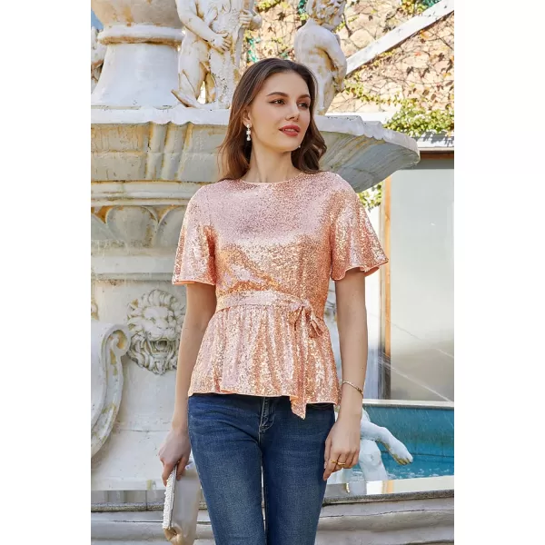 GRACE KARIN Women Sequin Party Cocktails Tops Short Sleeve Crew Neck Elastic Tie Waist Peplum BlousesRose Gold