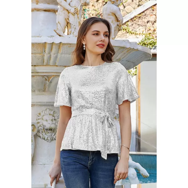 GRACE KARIN Women Sequin Party Cocktails Tops Short Sleeve Crew Neck Elastic Tie Waist Peplum BlousesSliver White