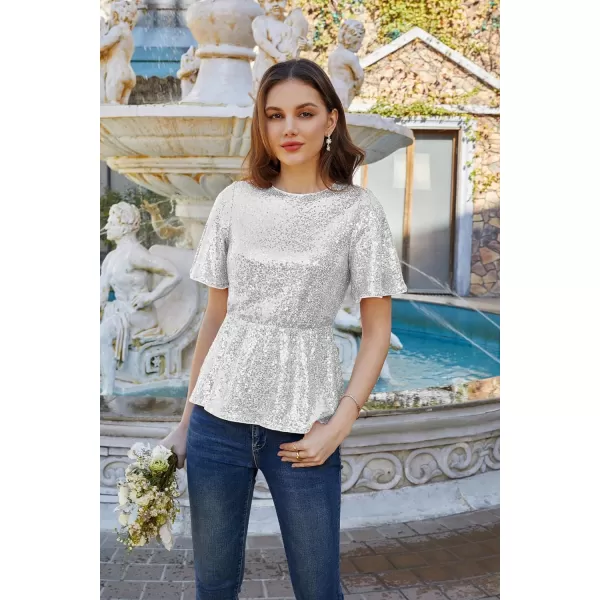 GRACE KARIN Women Sequin Party Cocktails Tops Short Sleeve Crew Neck Elastic Tie Waist Peplum BlousesSliver White
