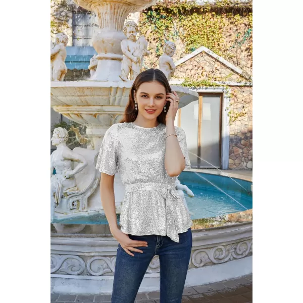 GRACE KARIN Women Sequin Party Cocktails Tops Short Sleeve Crew Neck Elastic Tie Waist Peplum BlousesSliver White