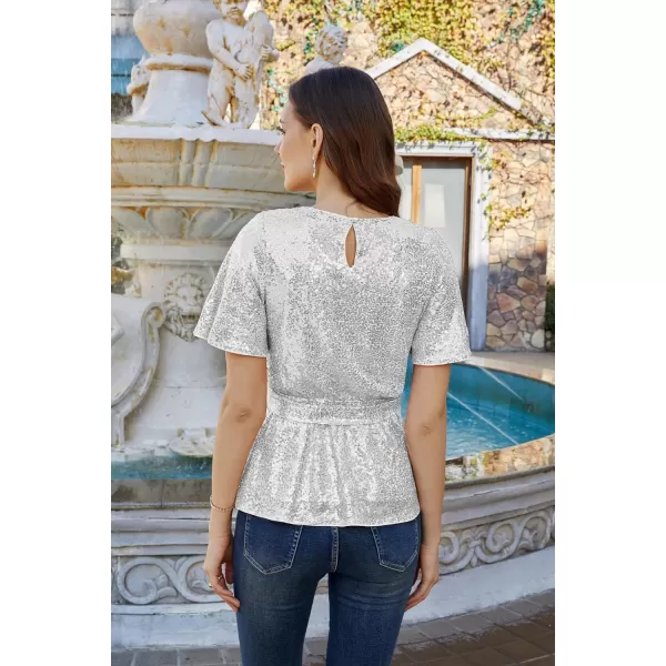 GRACE KARIN Women Sequin Party Cocktails Tops Short Sleeve Crew Neck Elastic Tie Waist Peplum BlousesSliver White