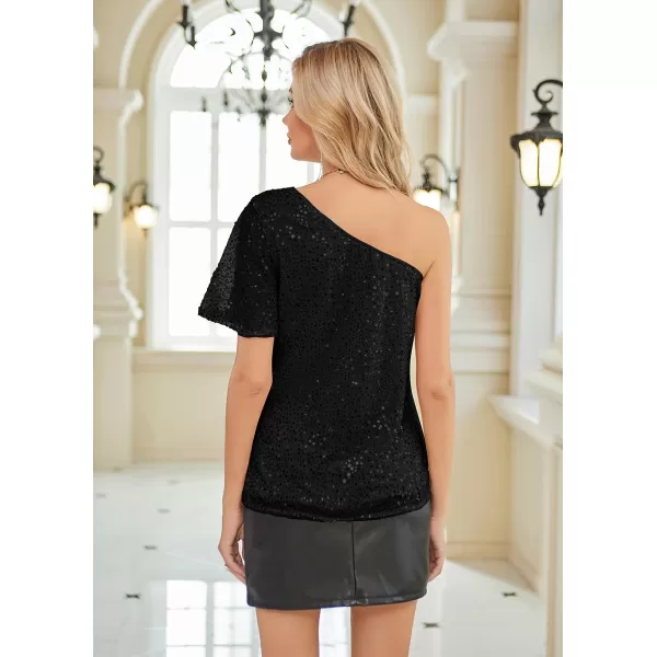 GRACE KARIN Women Sequin Tops Sparkle Short Sleeve Asymmetric OneShoulder Glitter Shirts for Cocktail Club PartyBlack