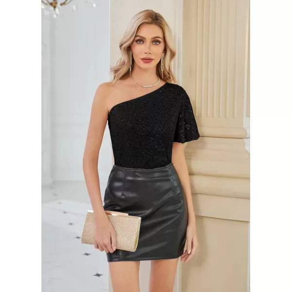 GRACE KARIN Women Sequin Tops Sparkle Short Sleeve Asymmetric OneShoulder Glitter Shirts for Cocktail Club PartyBlack