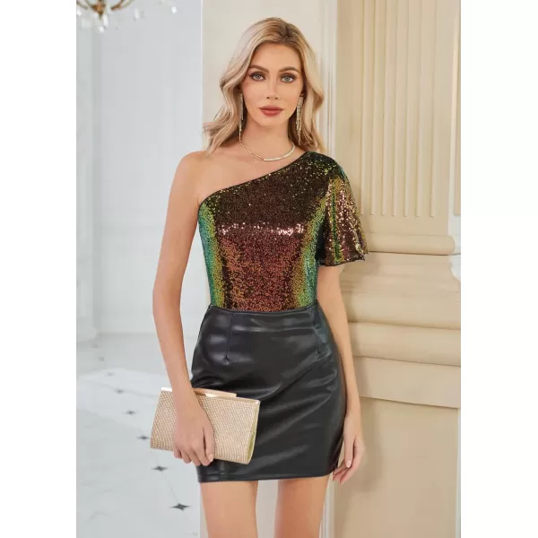GRACE KARIN Women Sequin Tops Sparkle Short Sleeve Asymmetric OneShoulder Glitter Shirts for Cocktail Club PartyBlack Gold