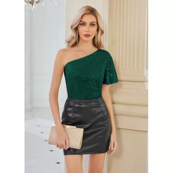 GRACE KARIN Women Sequin Tops Sparkle Short Sleeve Asymmetric OneShoulder Glitter Shirts for Cocktail Club PartyDark Green