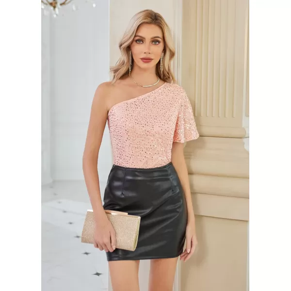 GRACE KARIN Women Sequin Tops Sparkle Short Sleeve Asymmetric OneShoulder Glitter Shirts for Cocktail Club PartyGold