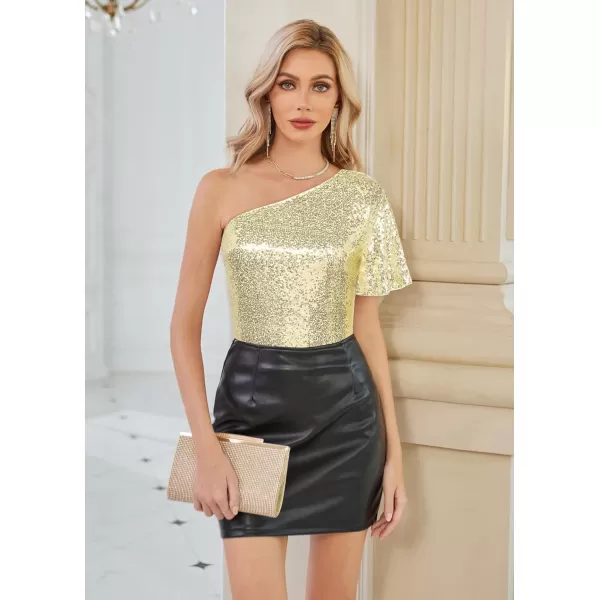 GRACE KARIN Women Sequin Tops Sparkle Short Sleeve Asymmetric OneShoulder Glitter Shirts for Cocktail Club PartyGold02