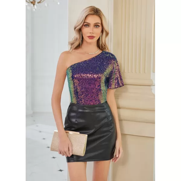 GRACE KARIN Women Sequin Tops Sparkle Short Sleeve Asymmetric OneShoulder Glitter Shirts for Cocktail Club PartyPurple