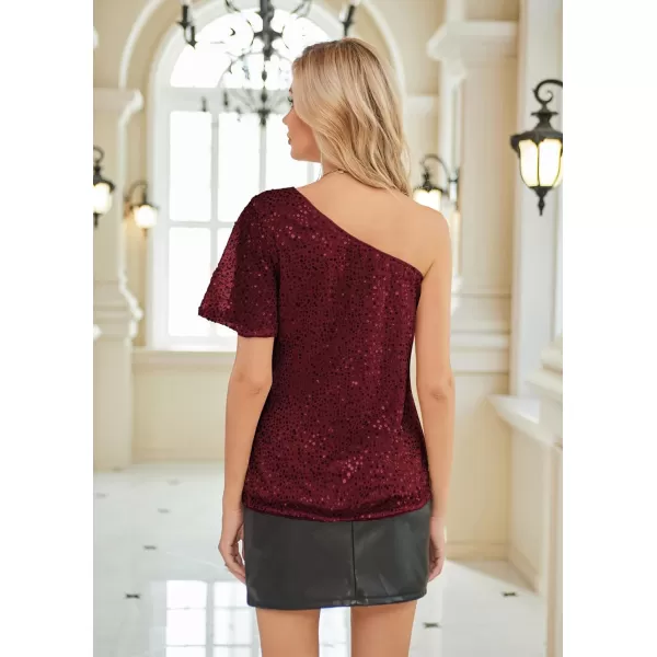 GRACE KARIN Women Sequin Tops Sparkle Short Sleeve Asymmetric OneShoulder Glitter Shirts for Cocktail Club PartyRed