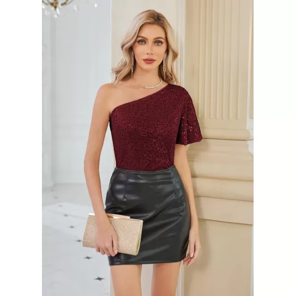 GRACE KARIN Women Sequin Tops Sparkle Short Sleeve Asymmetric OneShoulder Glitter Shirts for Cocktail Club PartyRed