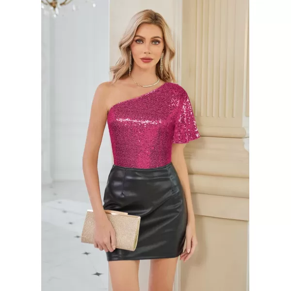 GRACE KARIN Women Sequin Tops Sparkle Short Sleeve Asymmetric OneShoulder Glitter Shirts for Cocktail Club PartyRose Red