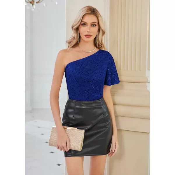 GRACE KARIN Women Sequin Tops Sparkle Short Sleeve Asymmetric OneShoulder Glitter Shirts for Cocktail Club PartyRoyal Blue