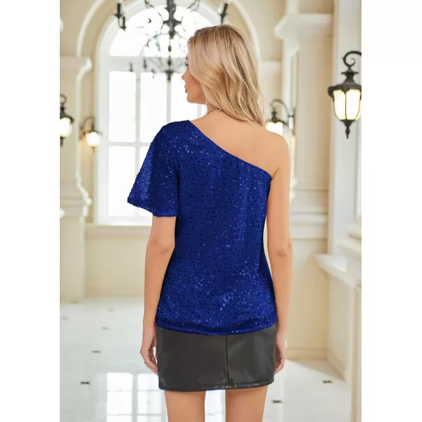 GRACE KARIN Women Sequin Tops Sparkle Short Sleeve Asymmetric OneShoulder Glitter Shirts for Cocktail Club PartyRoyal Blue