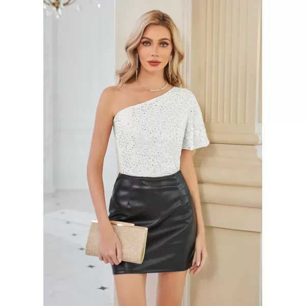 GRACE KARIN Women Sequin Tops Sparkle Short Sleeve Asymmetric OneShoulder Glitter Shirts for Cocktail Club PartyWhite