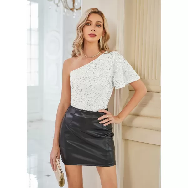 GRACE KARIN Women Sequin Tops Sparkle Short Sleeve Asymmetric OneShoulder Glitter Shirts for Cocktail Club PartyWhite