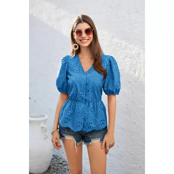 GRACE KARIN Women Shirts Puffed Short Sleeve Elastic Waist Shirt V Neck Buttonup Tops with Cotton LiningDenim Blue