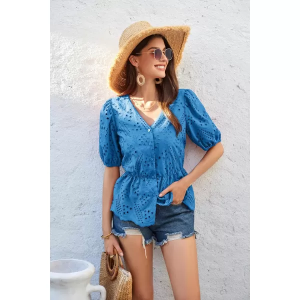 GRACE KARIN Women Shirts Puffed Short Sleeve Elastic Waist Shirt V Neck Buttonup Tops with Cotton LiningDenim Blue