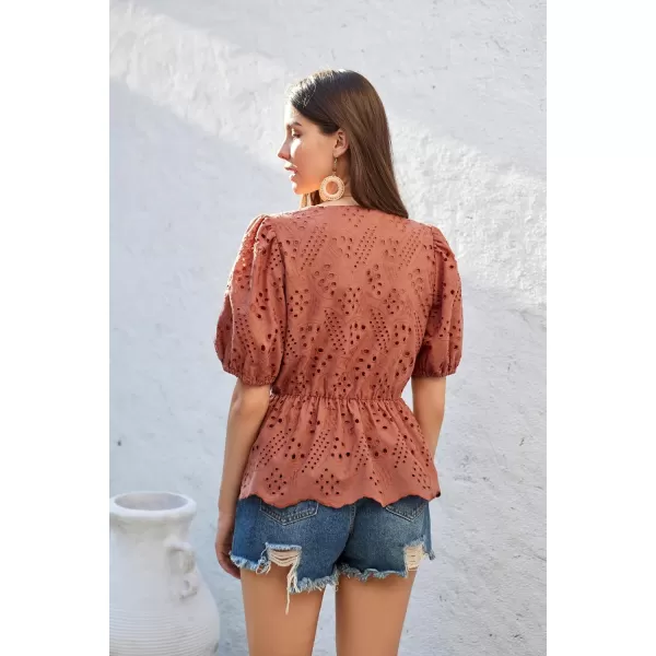 GRACE KARIN Women Shirts Puffed Short Sleeve Elastic Waist Shirt V Neck Buttonup Tops with Cotton LiningRed