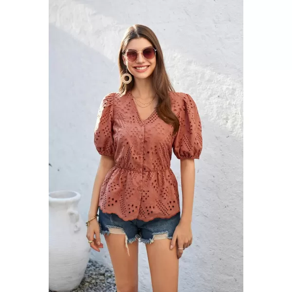 GRACE KARIN Women Shirts Puffed Short Sleeve Elastic Waist Shirt V Neck Buttonup Tops with Cotton LiningRed