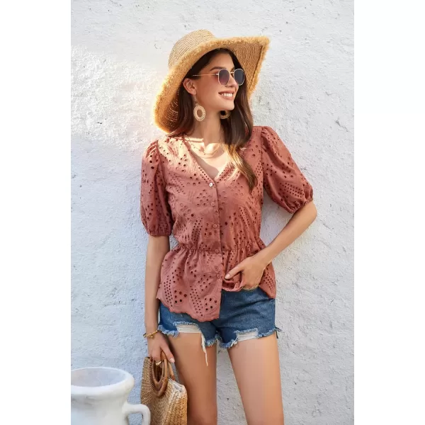 GRACE KARIN Women Shirts Puffed Short Sleeve Elastic Waist Shirt V Neck Buttonup Tops with Cotton LiningRed