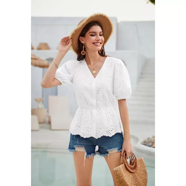 GRACE KARIN Women Shirts Puffed Short Sleeve Elastic Waist Shirt V Neck Buttonup Tops with Cotton LiningWhite