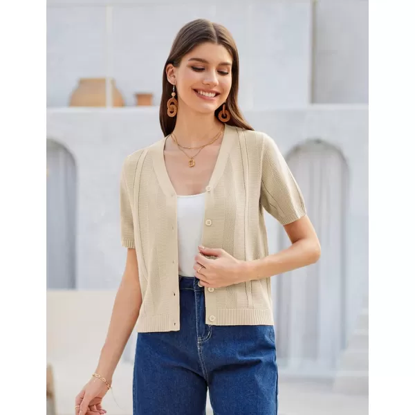 GRACE KARIN Women Short Sleeve Cropped Cardigan Crochet Knit Lightweight Button Down V Neck Bolero Sweater Top 2024Beige