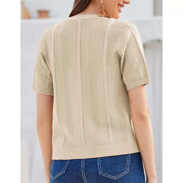 GRACE KARIN Women Short Sleeve Cropped Cardigan Crochet Knit Lightweight Button Down V Neck Bolero Sweater Top 2024Beige