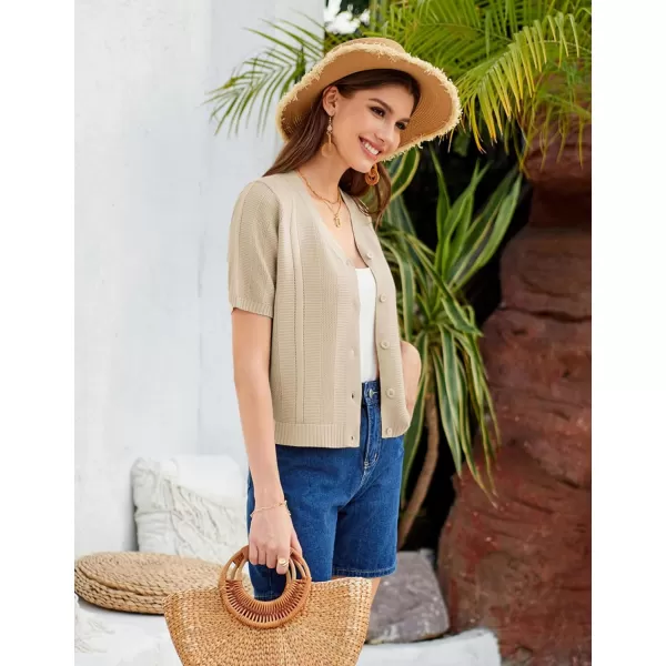 GRACE KARIN Women Short Sleeve Cropped Cardigan Crochet Knit Lightweight Button Down V Neck Bolero Sweater Top 2024Beige