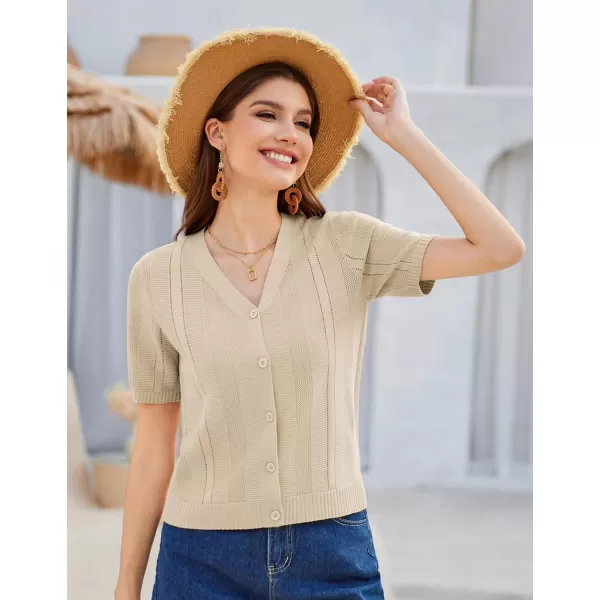 GRACE KARIN Women Short Sleeve Cropped Cardigan Crochet Knit Lightweight Button Down V Neck Bolero Sweater Top 2024Beige