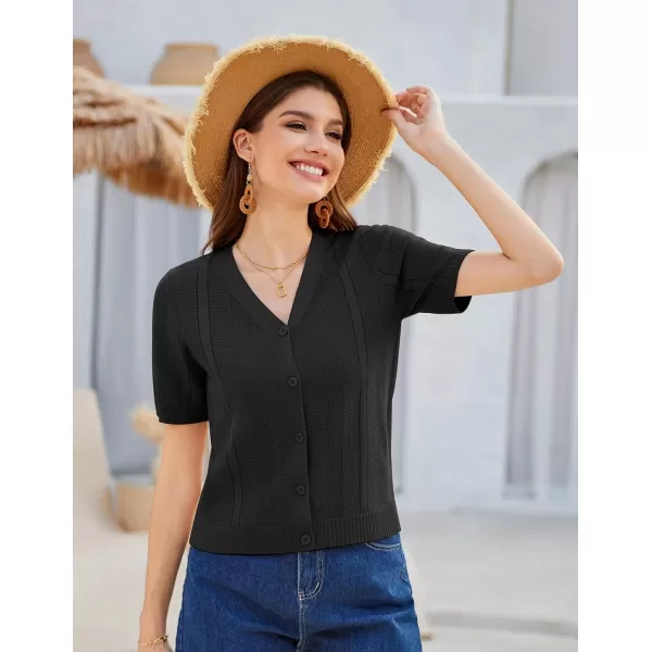 GRACE KARIN Women Short Sleeve Cropped Cardigan Crochet Knit Lightweight Button Down V Neck Bolero Sweater Top 2024Black