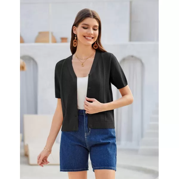 GRACE KARIN Women Short Sleeve Cropped Cardigan Crochet Knit Lightweight Button Down V Neck Bolero Sweater Top 2024Black