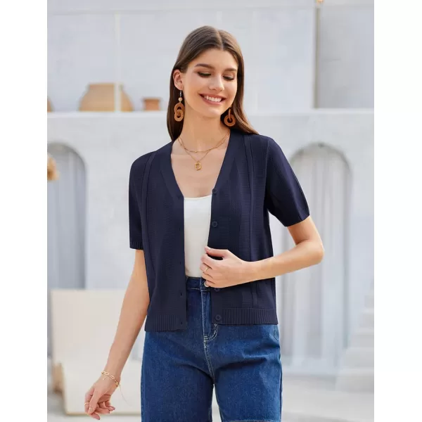 GRACE KARIN Women Short Sleeve Cropped Cardigan Crochet Knit Lightweight Button Down V Neck Bolero Sweater Top 2024Navy Blue