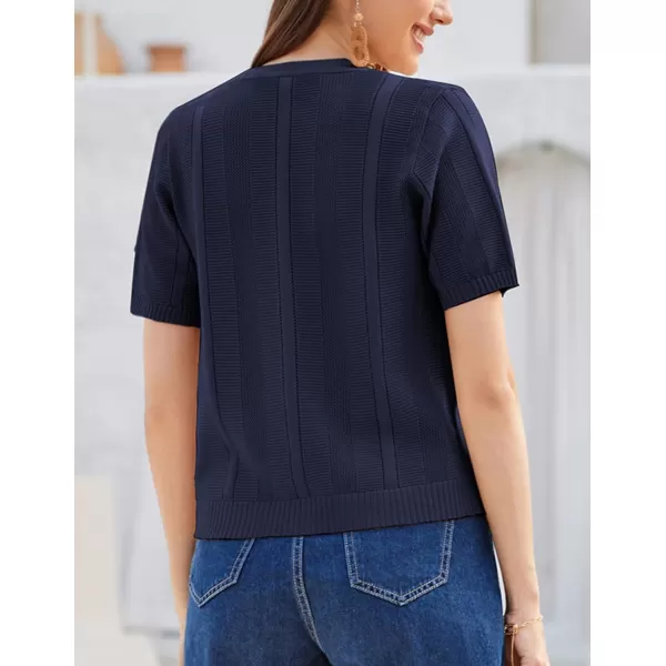 GRACE KARIN Women Short Sleeve Cropped Cardigan Crochet Knit Lightweight Button Down V Neck Bolero Sweater Top 2024Navy Blue