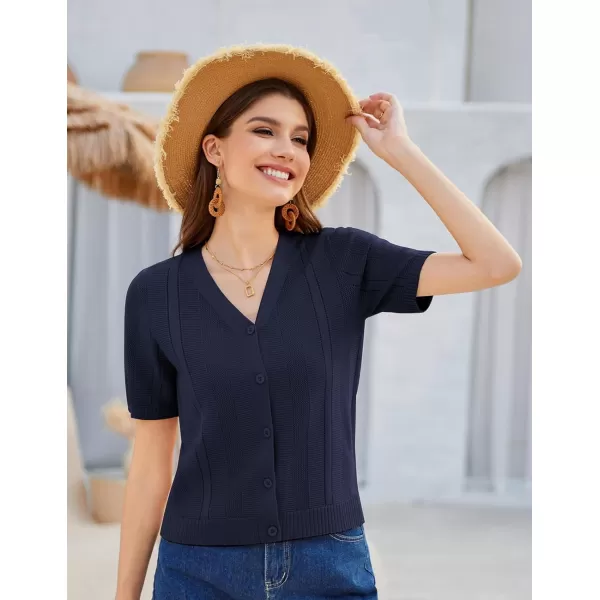 GRACE KARIN Women Short Sleeve Cropped Cardigan Crochet Knit Lightweight Button Down V Neck Bolero Sweater Top 2024Navy Blue