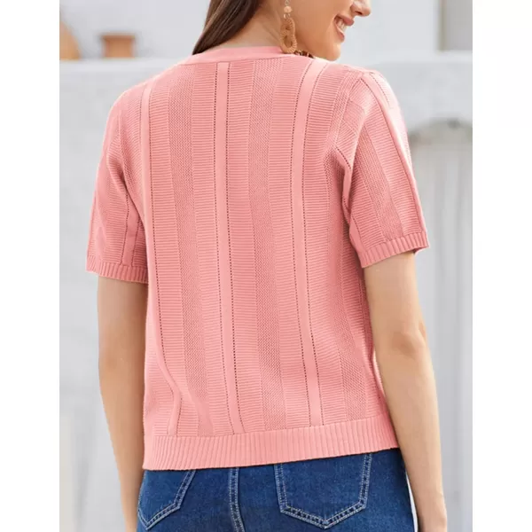 GRACE KARIN Women Short Sleeve Cropped Cardigan Crochet Knit Lightweight Button Down V Neck Bolero Sweater Top 2024Pink