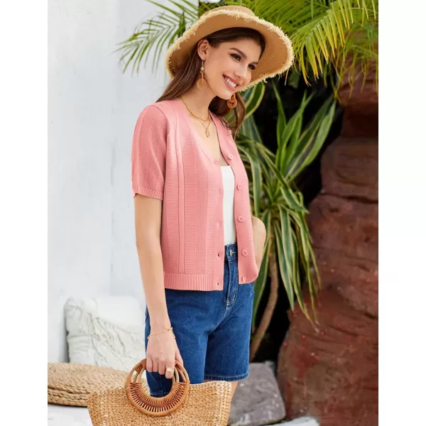 GRACE KARIN Women Short Sleeve Cropped Cardigan Crochet Knit Lightweight Button Down V Neck Bolero Sweater Top 2024Pink