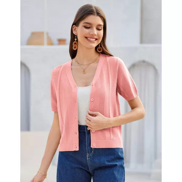 GRACE KARIN Women Short Sleeve Cropped Cardigan Crochet Knit Lightweight Button Down V Neck Bolero Sweater Top 2024Pink