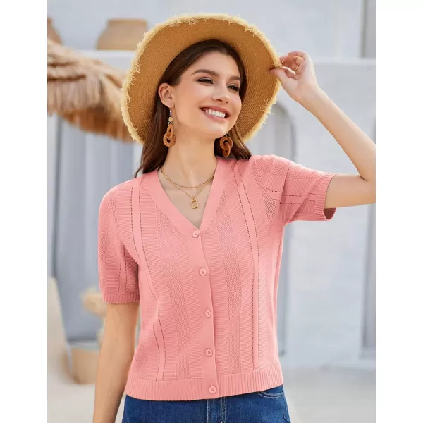 GRACE KARIN Women Short Sleeve Cropped Cardigan Crochet Knit Lightweight Button Down V Neck Bolero Sweater Top 2024Pink