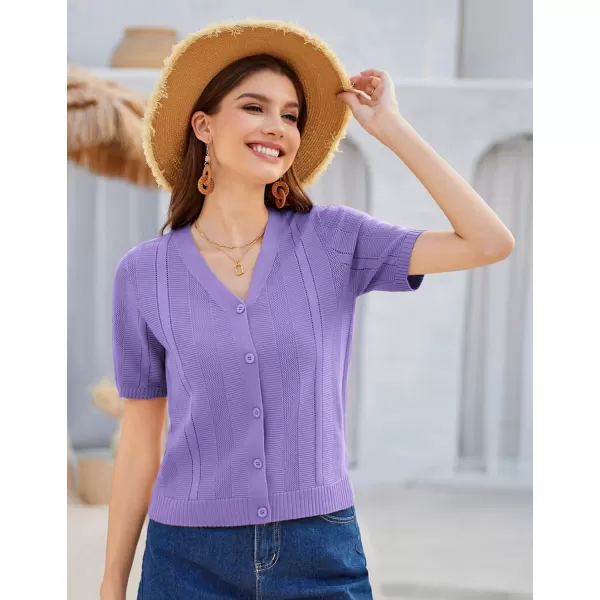 GRACE KARIN Women Short Sleeve Cropped Cardigan Crochet Knit Lightweight Button Down V Neck Bolero Sweater Top 2024Purple