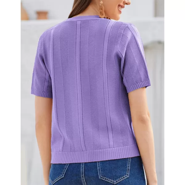 GRACE KARIN Women Short Sleeve Cropped Cardigan Crochet Knit Lightweight Button Down V Neck Bolero Sweater Top 2024Purple