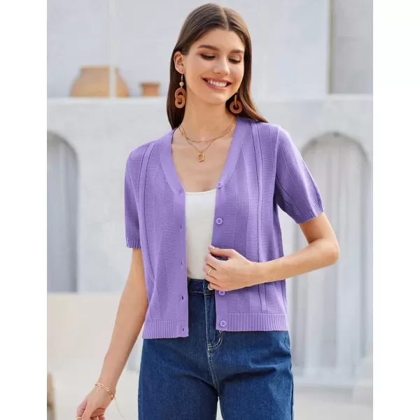 GRACE KARIN Women Short Sleeve Cropped Cardigan Crochet Knit Lightweight Button Down V Neck Bolero Sweater Top 2024Purple