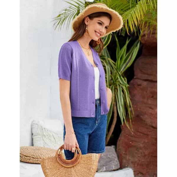 GRACE KARIN Women Short Sleeve Cropped Cardigan Crochet Knit Lightweight Button Down V Neck Bolero Sweater Top 2024Purple