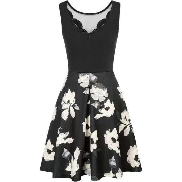 GRACE KARIN Women Sleeveless Lace Patchwork Deep VNeck A Line Flared Party DressBlack Floral