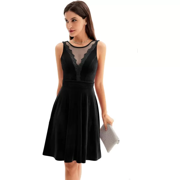GRACE KARIN Women Sleeveless Lace Patchwork Deep VNeck A Line Flared Party DressBlackvelvet
