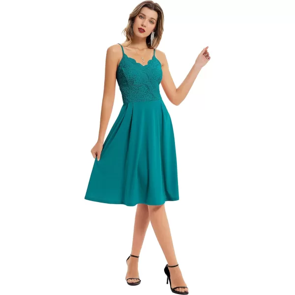GRACE KARIN Women Sleeveless Lace Patchwork Deep VNeck A Line Flared Party DressBlue Greensleeveless