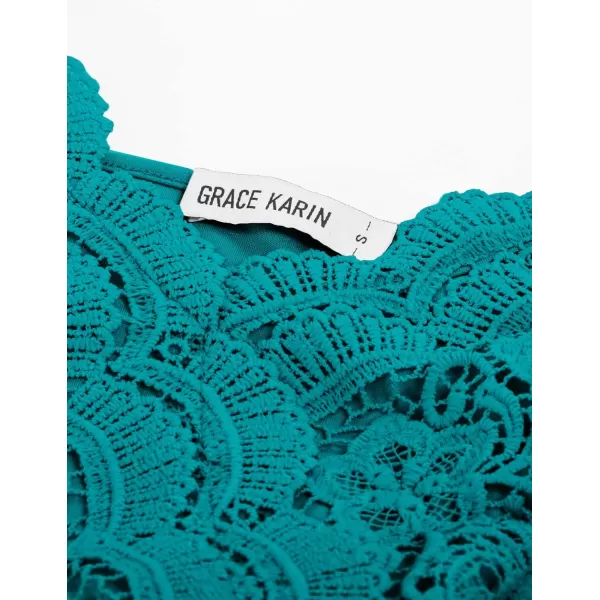 GRACE KARIN Women Sleeveless Lace Patchwork Deep VNeck A Line Flared Party DressBlue Greensleeveless